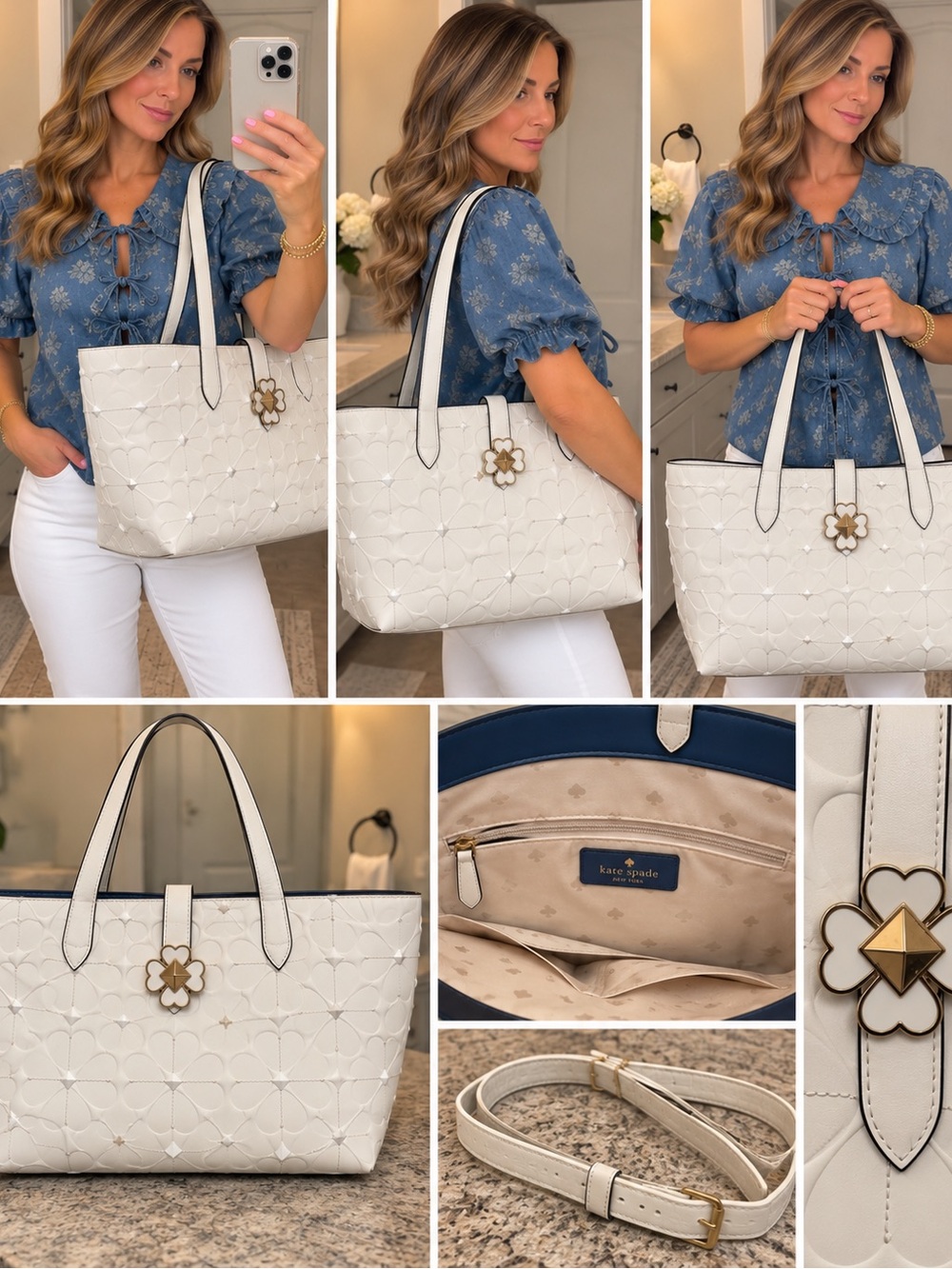 kate spade White Quilted Floral Tote with Flower Charm